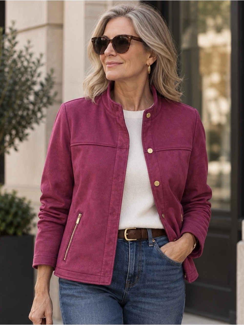 Chico’s Plum Faux Suede Jacket Gold Snap Button Zip Pockets Size 2 XL
